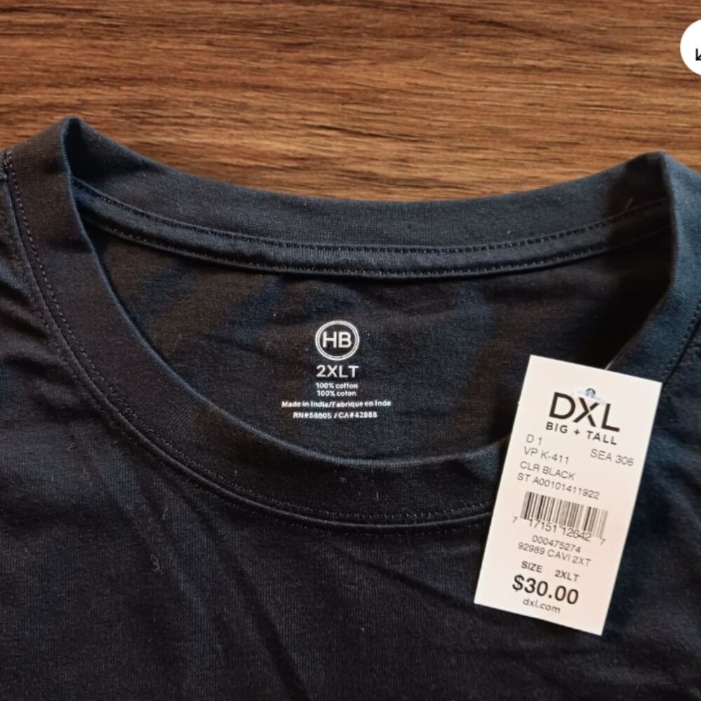 HB Mens DXL Big + Tall Size 2XLT Crew Neck Black Cotton Short Sleeve T-Shirt New - Picture 4 of 10